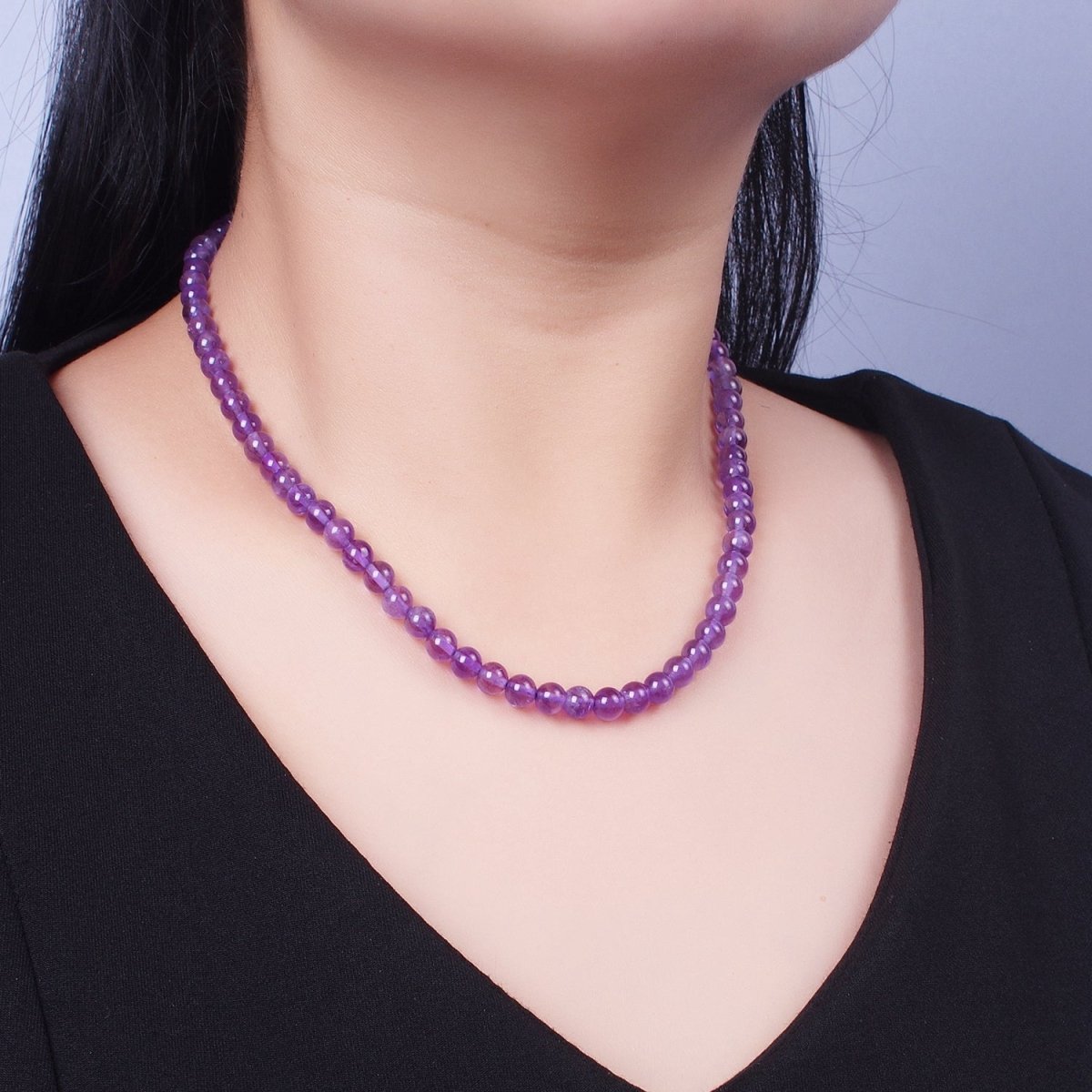 16 Inch Round Dark / Light Purple Amethyst 6.7mm Gemstone Choker Necklace | WA-1182 WA-1183 Clearance Pricing - DLUXCA