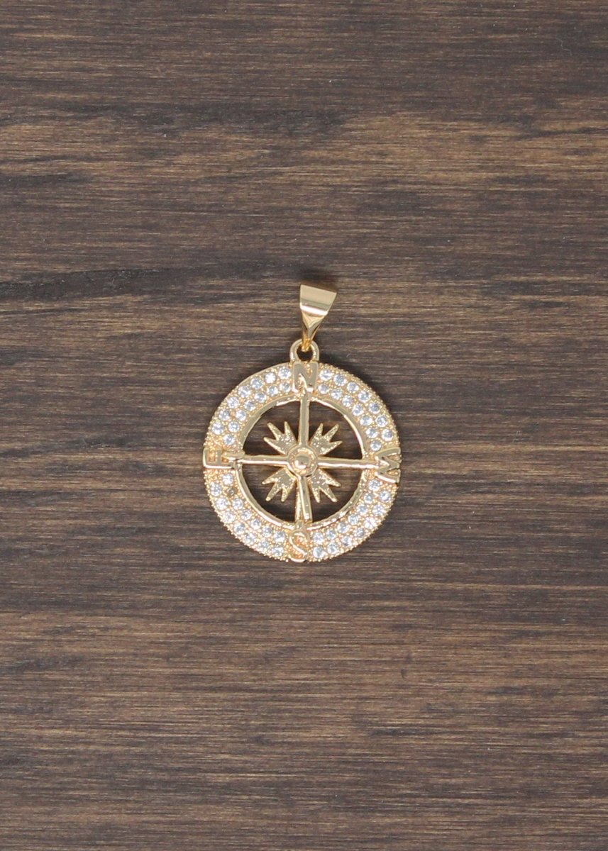 16k Gold Compass, Navigation, Gift for Traveler, Journey, Travel, Cubic Zirconia Necklace Pendant Charm Bead Bails Findings Jewelry Making H-795 - DLUXCA