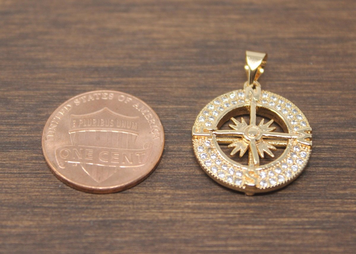 16k Gold Compass, Navigation, Gift for Traveler, Journey, Travel, Cubic Zirconia Necklace Pendant Charm Bead Bails Findings Jewelry Making H-795 - DLUXCA