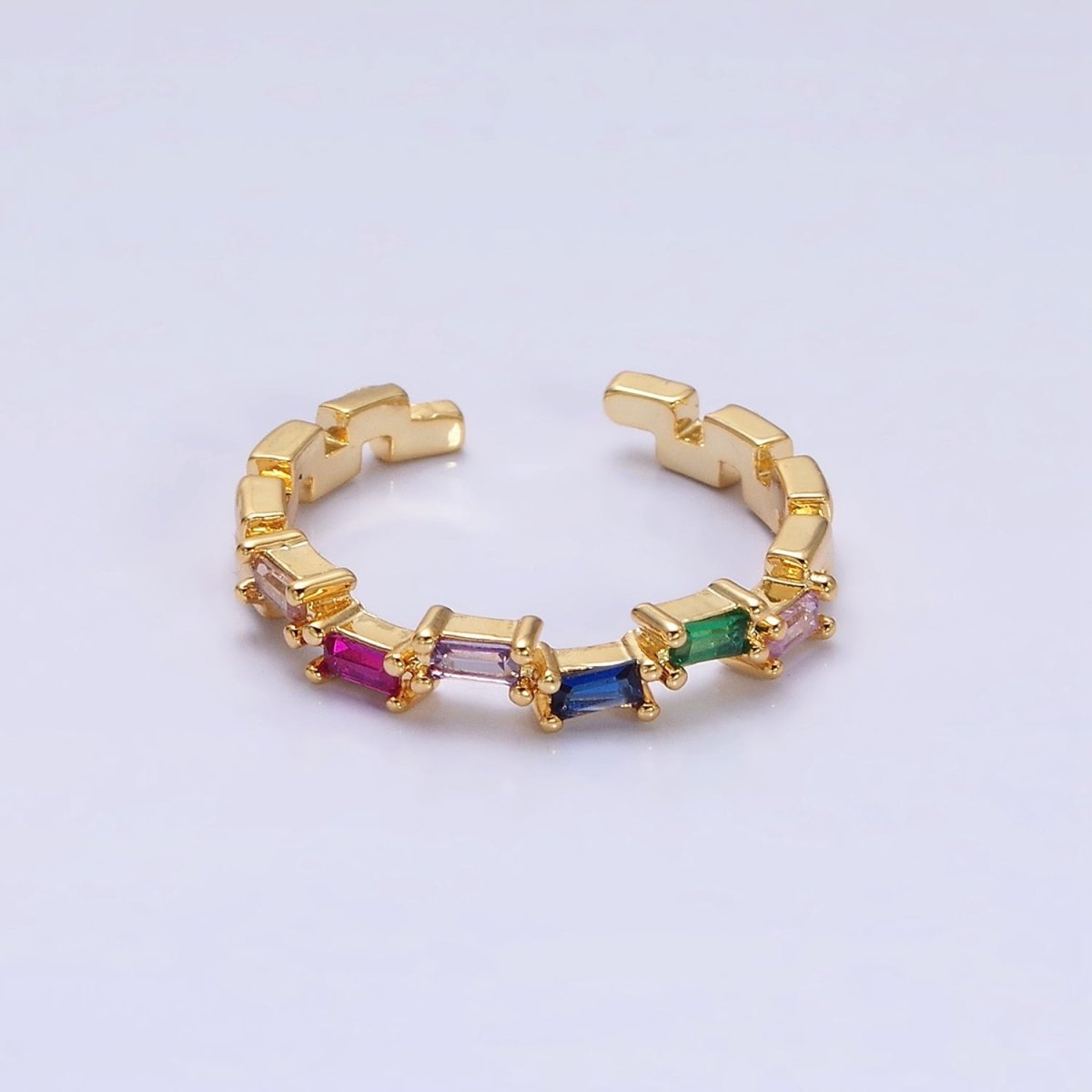 16K Gold Filed Clear, Green, Multicolor CZ Baguette Lined Adjustable Ring | O-1581~O-1586 - DLUXCA