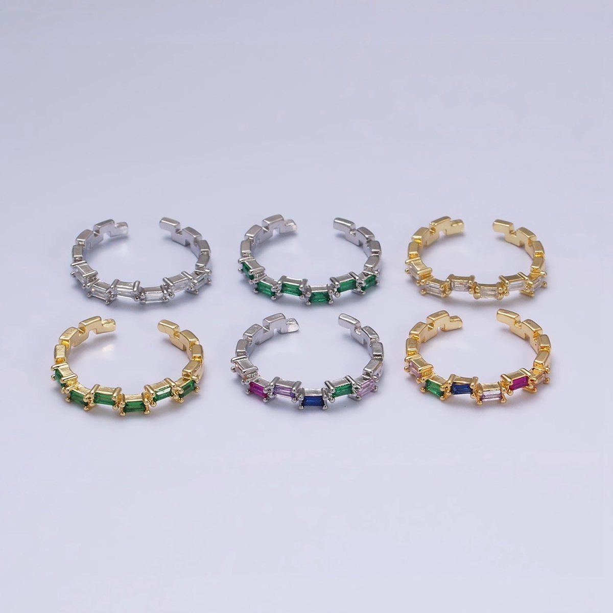 16K Gold Filed Clear, Green, Multicolor CZ Baguette Lined Adjustable Ring | O-1581~O-1586 - DLUXCA