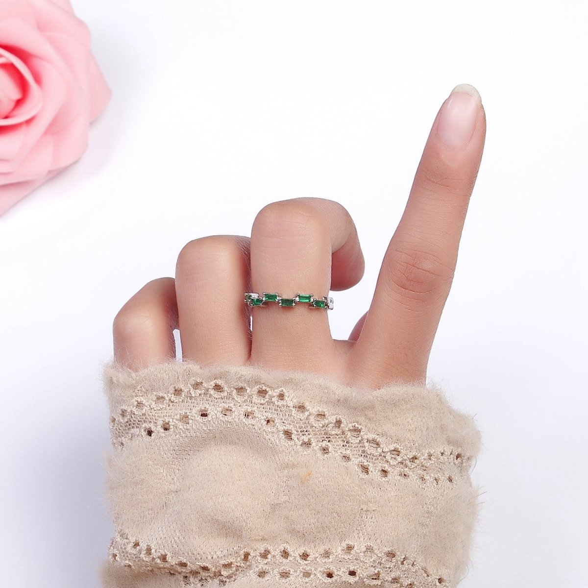 16K Gold Filed Clear, Green, Multicolor CZ Baguette Lined Adjustable Ring | O-1581~O-1586 - DLUXCA