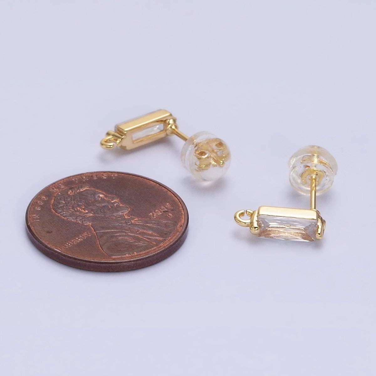 16K Gold Filled 10.5mm Clear CZ Baguette Open Loop Stud Earrings Supply in Gold & Silver | Z-369 Z-370 - DLUXCA