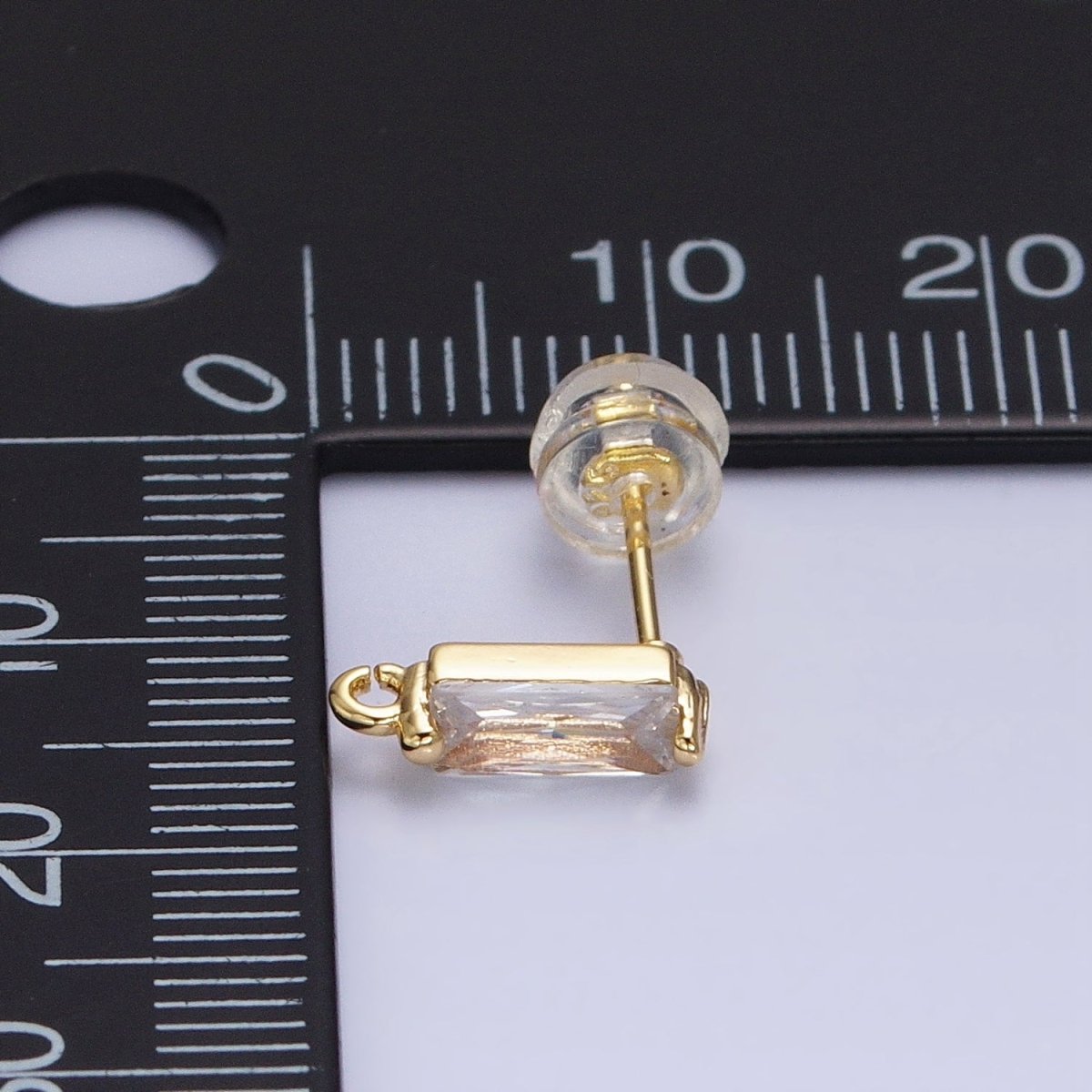 16K Gold Filled 10.5mm Clear CZ Baguette Open Loop Stud Earrings Supply in Gold & Silver | Z-369 Z-370 - DLUXCA