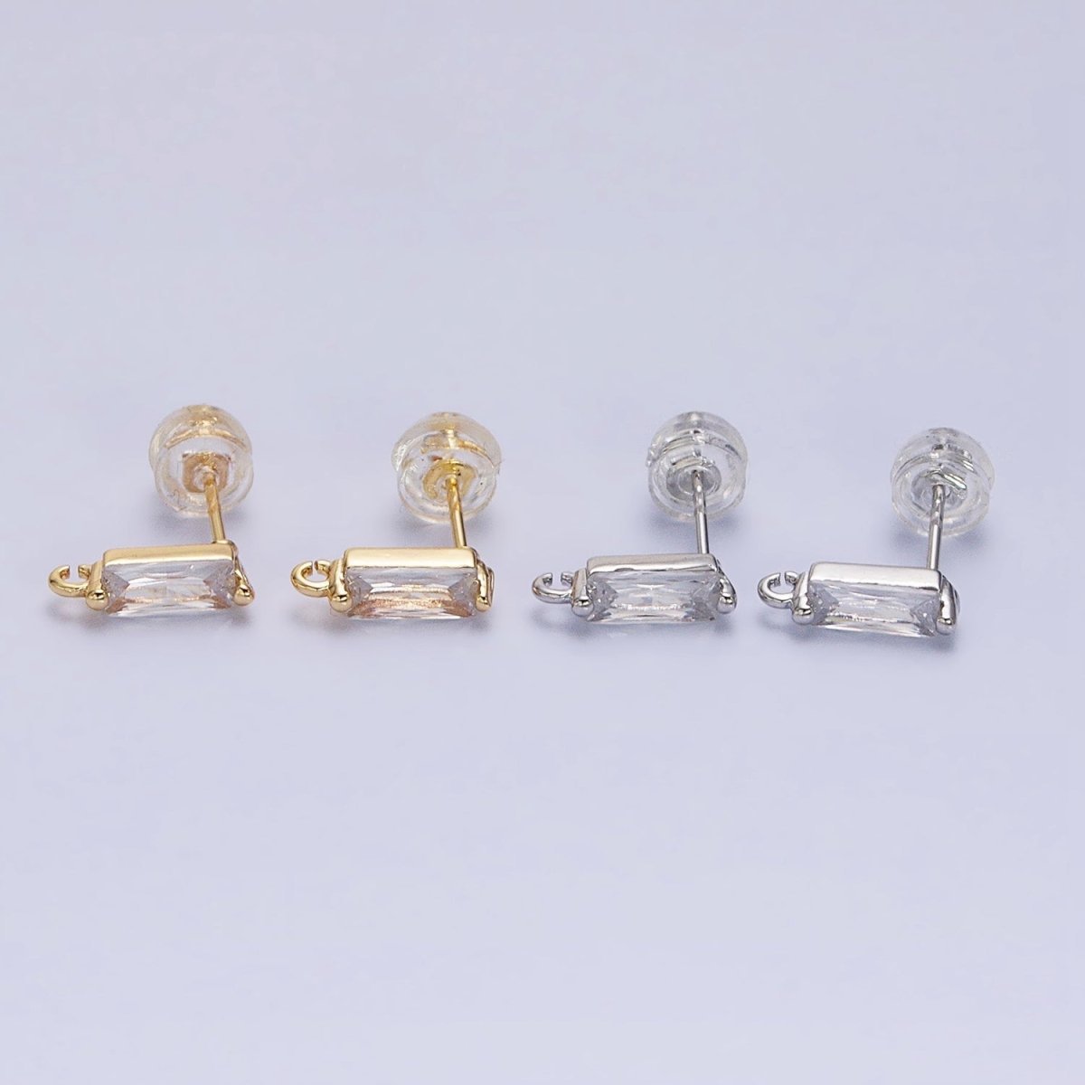 16K Gold Filled 10.5mm Clear CZ Baguette Open Loop Stud Earrings Supply in Gold & Silver | Z-369 Z-370 - DLUXCA