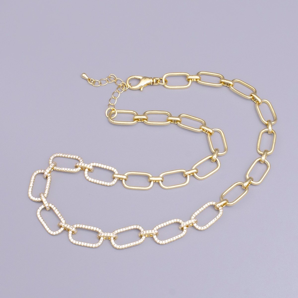 16K Gold Filled 10mm Half Micro Paved CZ Paperclip 17 Inch Chain Necklace in Gold & Silver | WA-1894 WA-1895 Clearance Pricing - DLUXCA