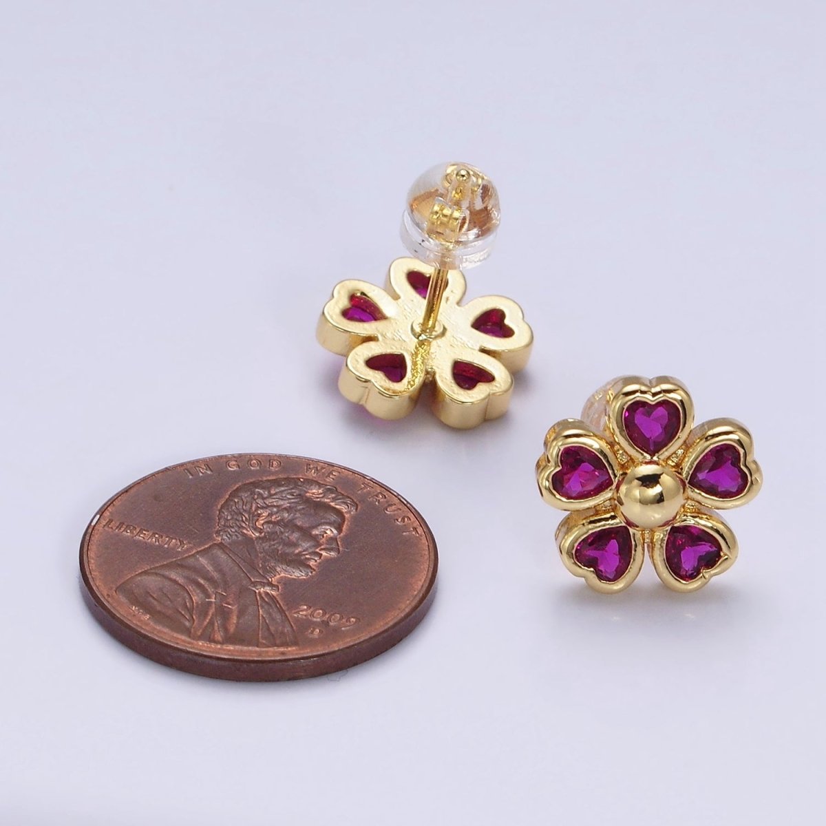16K Gold Filled 11.5mm Clear, Green, Fuchsia Flower Heart Petal Stud Earrings in Gold & Silver | Y-904 ~ Y-909 - DLUXCA