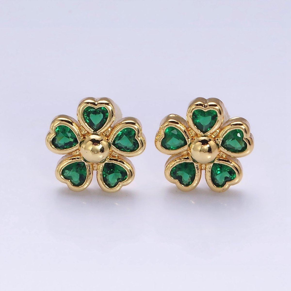 16K Gold Filled 11.5mm Clear, Green, Fuchsia Flower Heart Petal Stud Earrings in Gold & Silver | Y-904 ~ Y-909 - DLUXCA