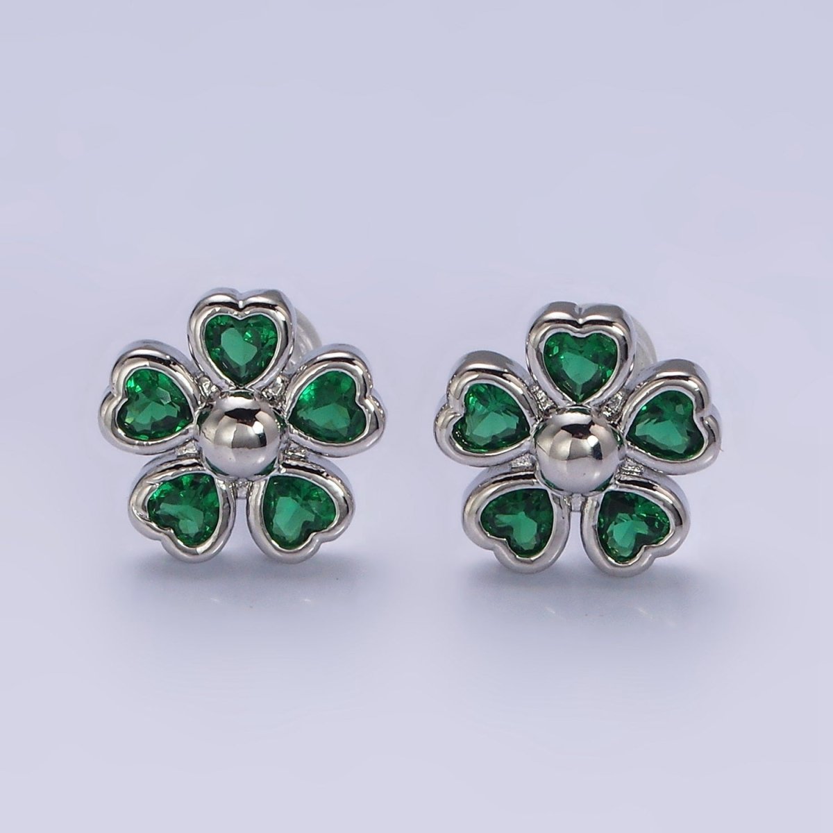 16K Gold Filled 11.5mm Clear, Green, Fuchsia Flower Heart Petal Stud Earrings in Gold & Silver | Y-904 ~ Y-909 - DLUXCA