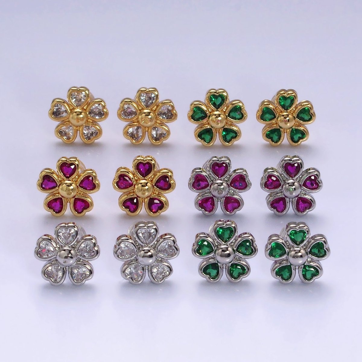 16K Gold Filled 11.5mm Clear, Green, Fuchsia Flower Heart Petal Stud Earrings in Gold & Silver | Y-904 ~ Y-909 - DLUXCA