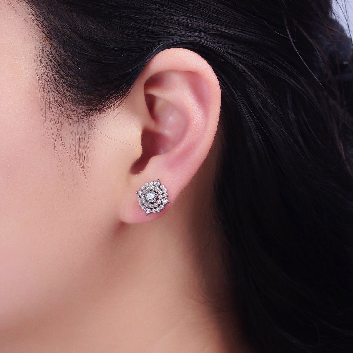 16K Gold Filled 13mm Pearl Lined Clear CZ Round Stud Earrings in Gold & Silver | Y-803 Y-804 - DLUXCA