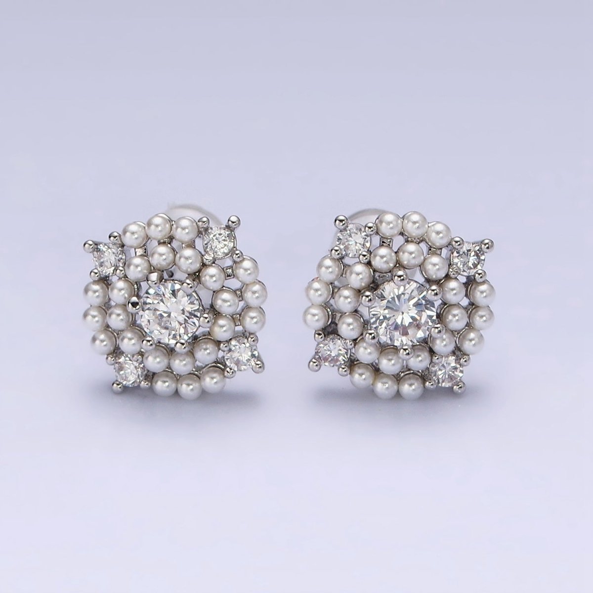 16K Gold Filled 13mm Pearl Lined Clear CZ Round Stud Earrings in Gold & Silver | Y-803 Y-804 - DLUXCA