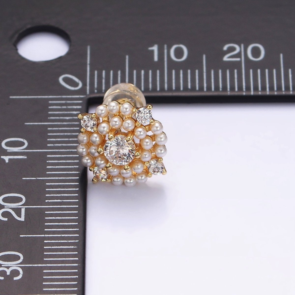 16K Gold Filled 13mm Pearl Lined Clear CZ Round Stud Earrings in Gold & Silver | Y-803 Y-804 - DLUXCA