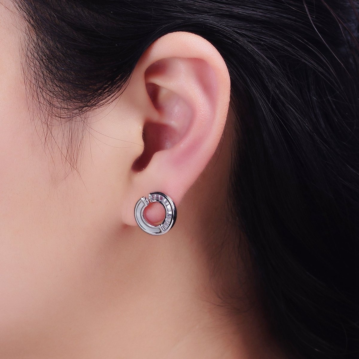 16K Gold Filled 14mm Open Round Circular Shell Pearl Baguette Lined Stud Earrings in Gold & Silver | Y-841 Y-842 - DLUXCA