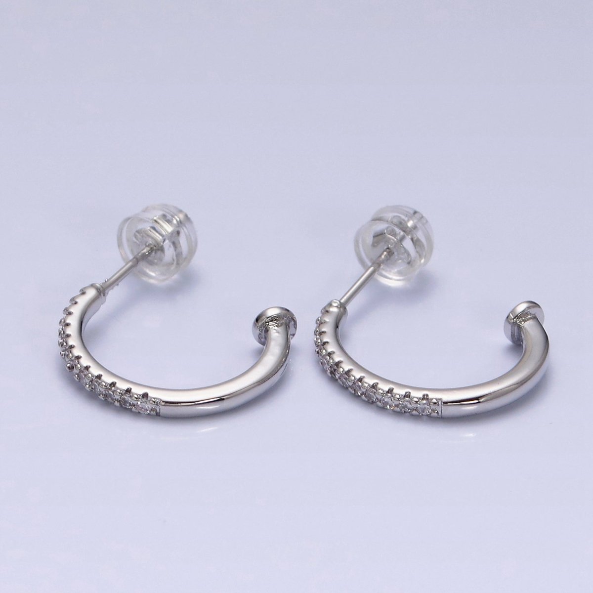 16K Gold Filled 15mm Half Micro Paved CZ Nail C-Shaped Hoop Earrings in Gold & Silver | AD1152 AD1154 - DLUXCA