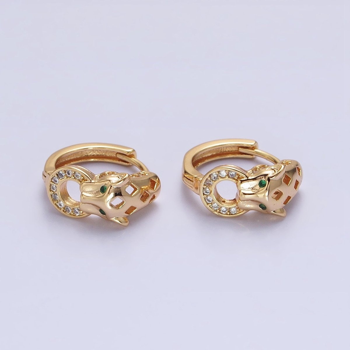 16K Gold Filled 16mm Green-Eyed Panther Leopard Filigree Micro Paved Round Huggie Earrings in Silver & Gold | AB647 AB920 - DLUXCA