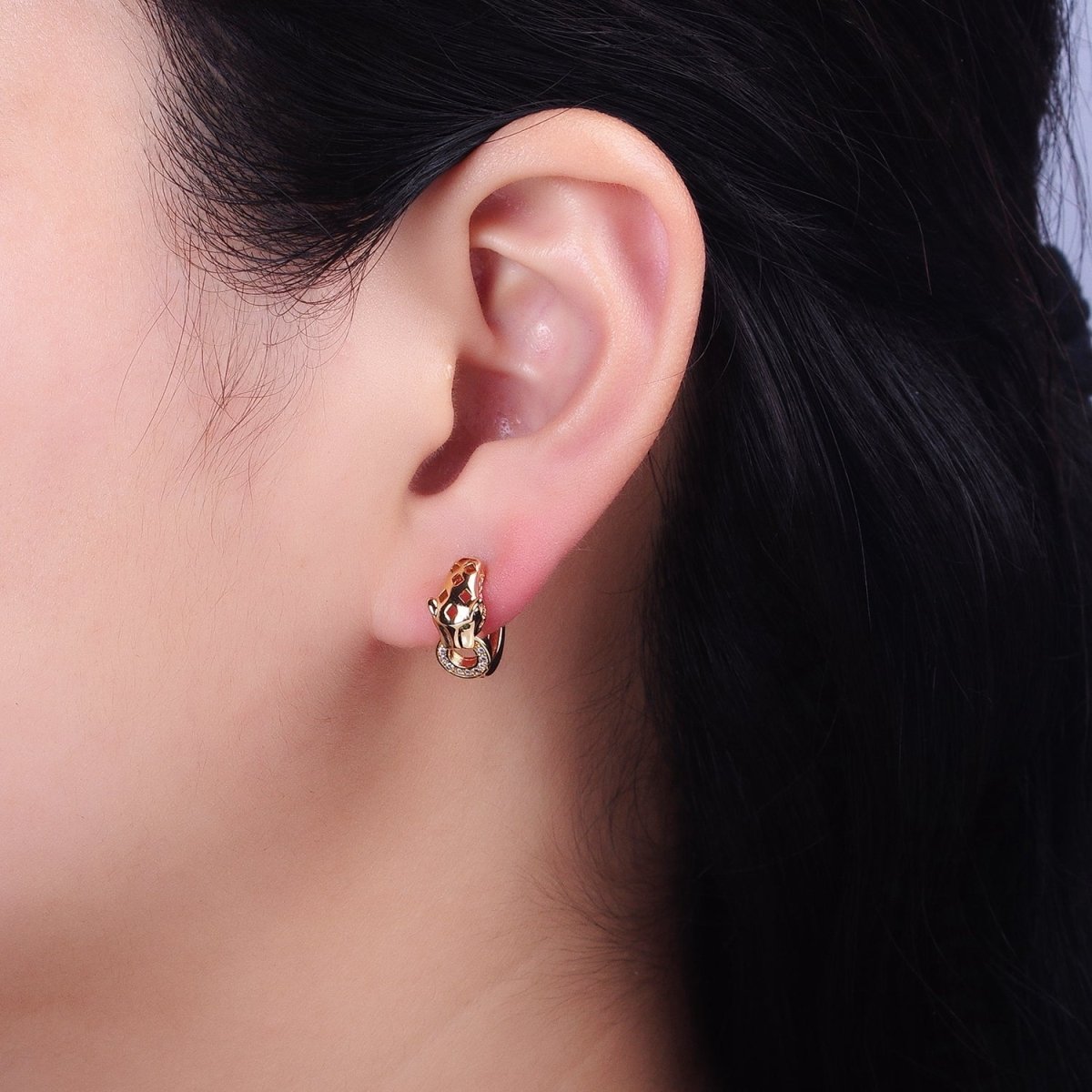 16K Gold Filled 16mm Green-Eyed Panther Leopard Filigree Micro Paved Round Huggie Earrings in Silver & Gold | AB647 AB920 - DLUXCA