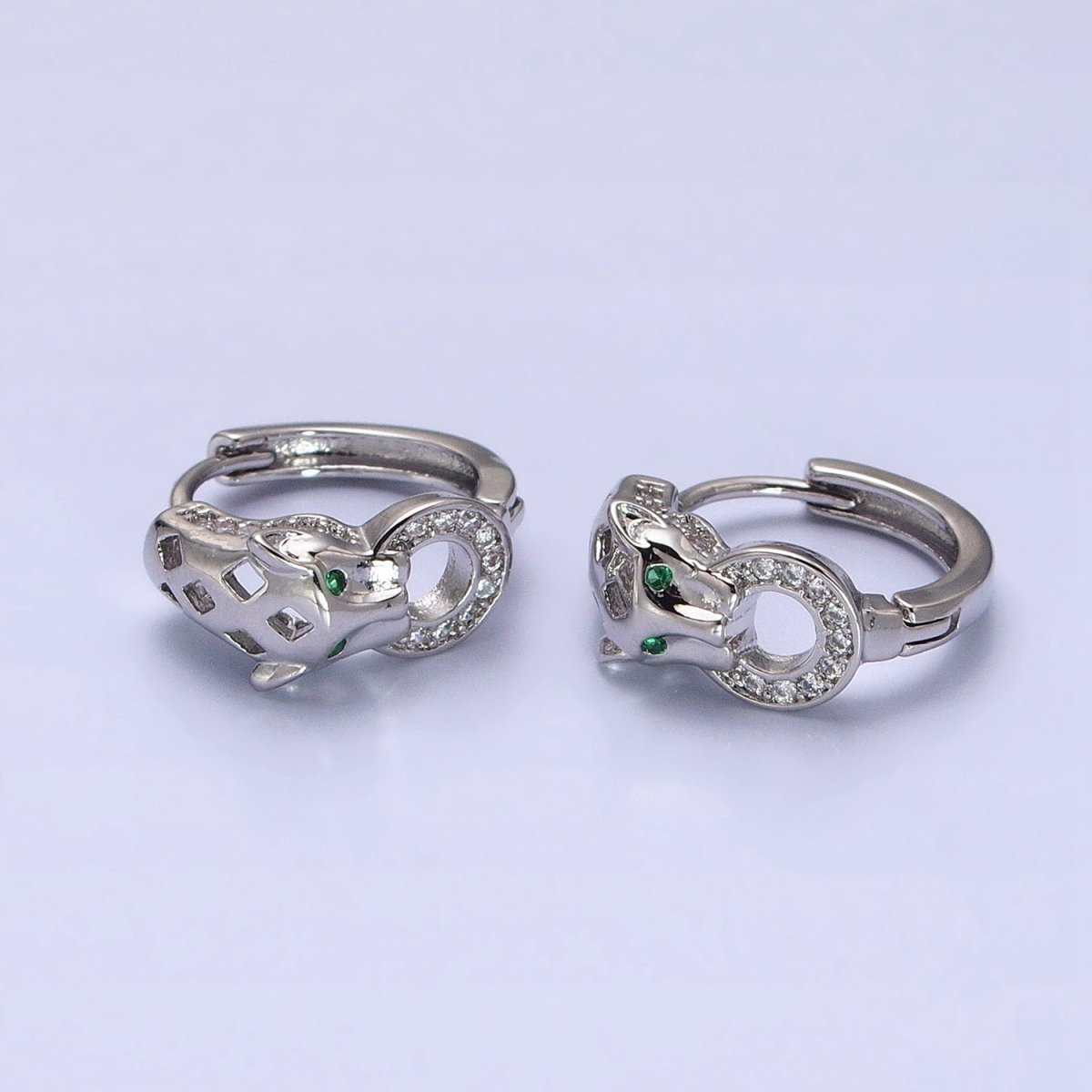16K Gold Filled 16mm Green-Eyed Panther Leopard Filigree Micro Paved Round Huggie Earrings in Silver & Gold | AB647 AB920 - DLUXCA