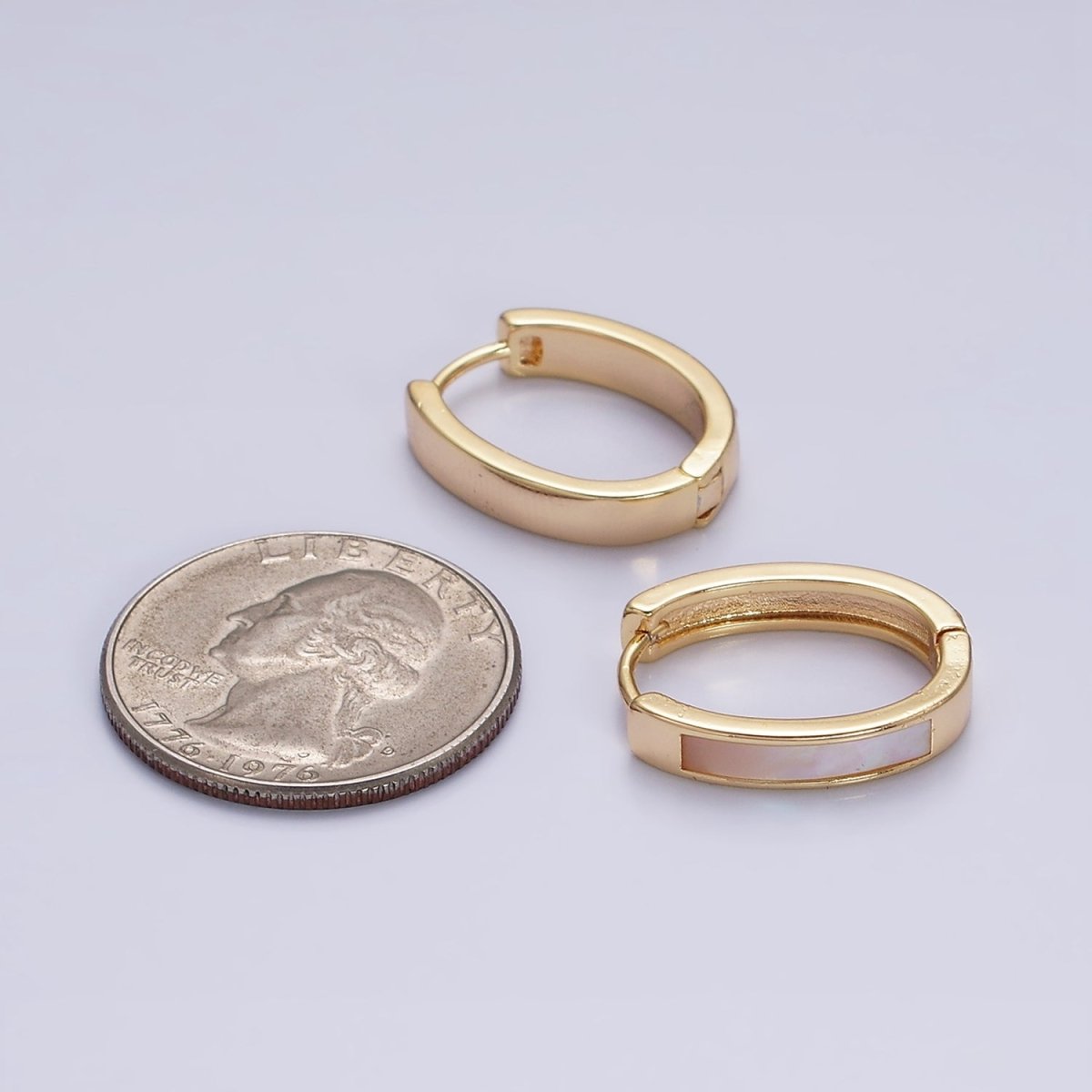 16K Gold Filled 20.3mm Shell Pearl Lined Oval Huggie Earring in Gold & Silver | AD-1038 AD-1039 - DLUXCA