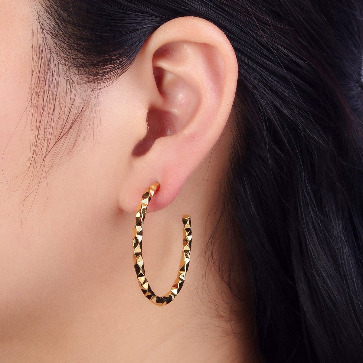 16K Gold Filled 20mm, 25mm, 40mm Dented Geometric C-Shaped Hoop Earrings | AB183 AB142 AB182 - DLUXCA