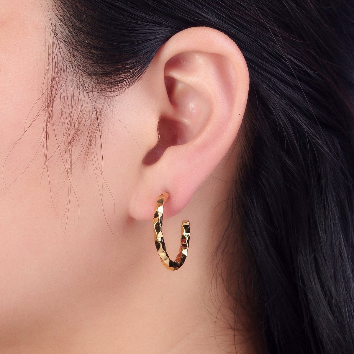 16K Gold Filled 20mm, 25mm, 40mm Dented Geometric C-Shaped Hoop Earrings | AB183 AB142 AB182 - DLUXCA