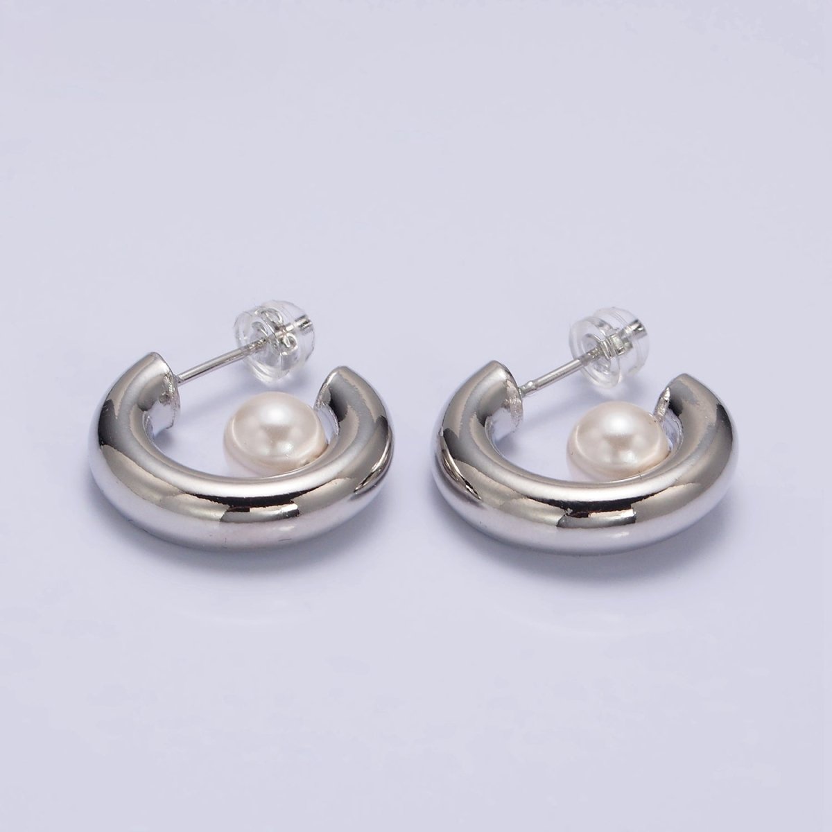 16K Gold Filled 20mm Chubby Round White Pearl C-Shaped Hoop Earrings in Gold & Silver | AE-572 AE-573 - DLUXCA