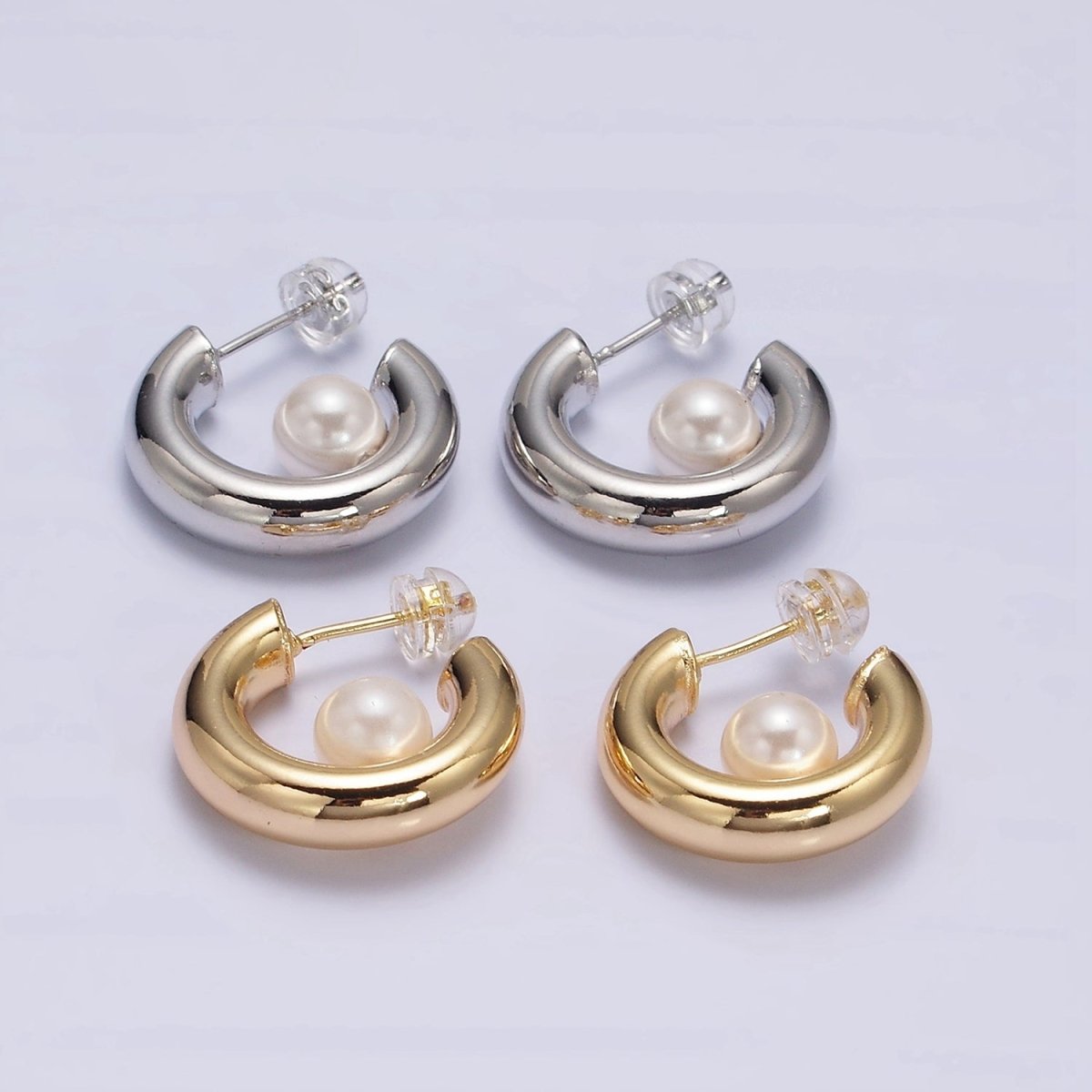 16K Gold Filled 20mm Chubby Round White Pearl C-Shaped Hoop Earrings in Gold & Silver | AE-572 AE-573 - DLUXCA