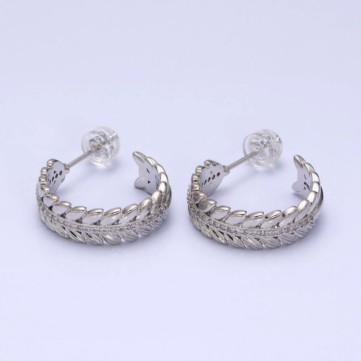 16K Gold Filled 20mm Paddy Wheat Palm Leaf Micro Paved C-Shaped Hoop Earrings in Gold & Silver | AD849 AD850 - DLUXCA