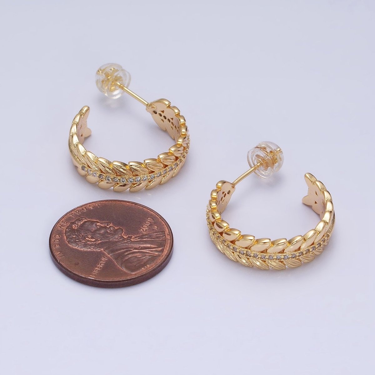 16K Gold Filled 20mm Paddy Wheat Palm Leaf Micro Paved C-Shaped Hoop Earrings in Gold & Silver | AD849 AD850 - DLUXCA