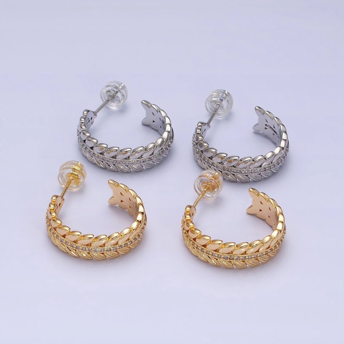 16K Gold Filled 20mm Paddy Wheat Palm Leaf Micro Paved C-Shaped Hoop Earrings in Gold & Silver | AD849 AD850 - DLUXCA