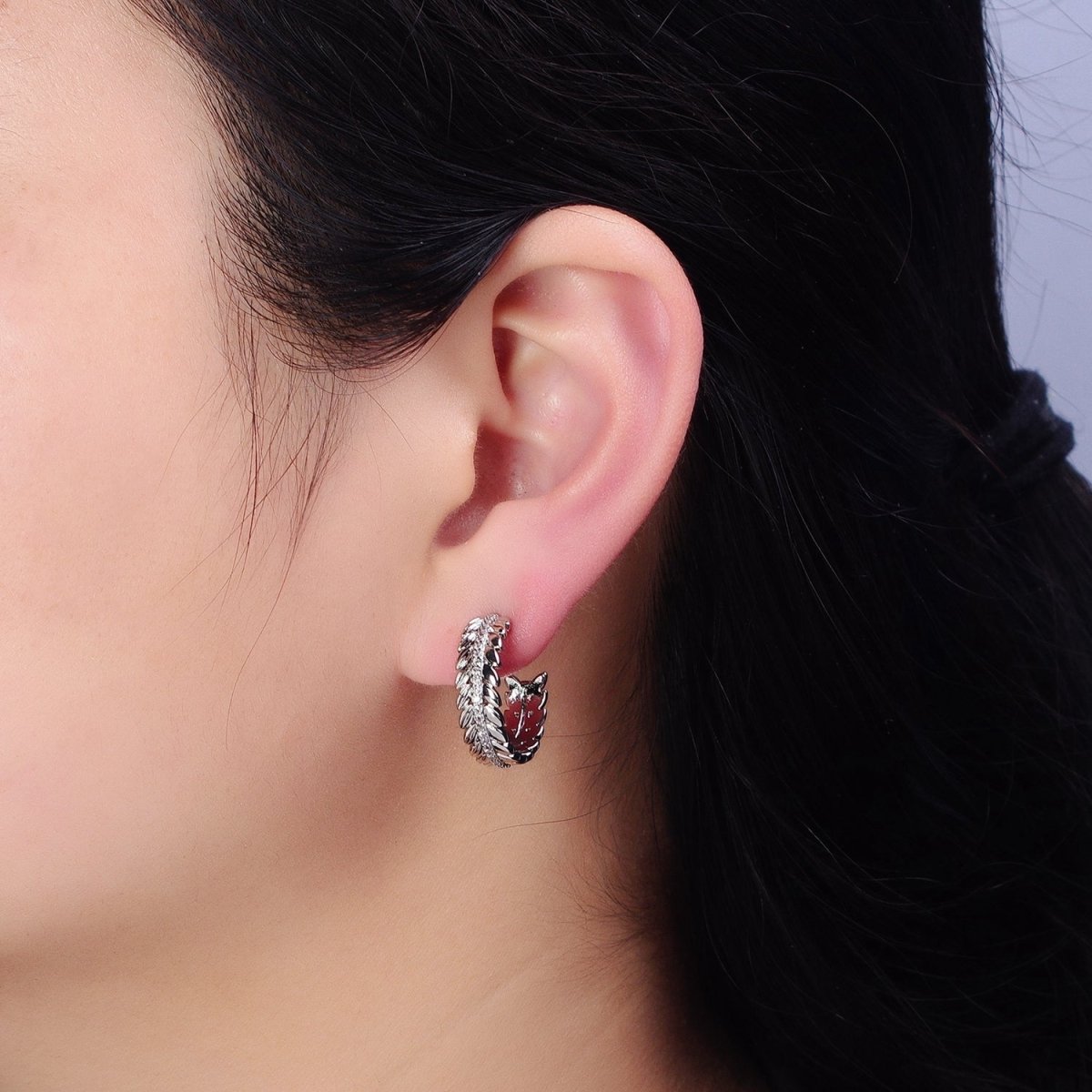 16K Gold Filled 20mm Paddy Wheat Palm Leaf Micro Paved C-Shaped Hoop Earrings in Gold & Silver | AD849 AD850 - DLUXCA