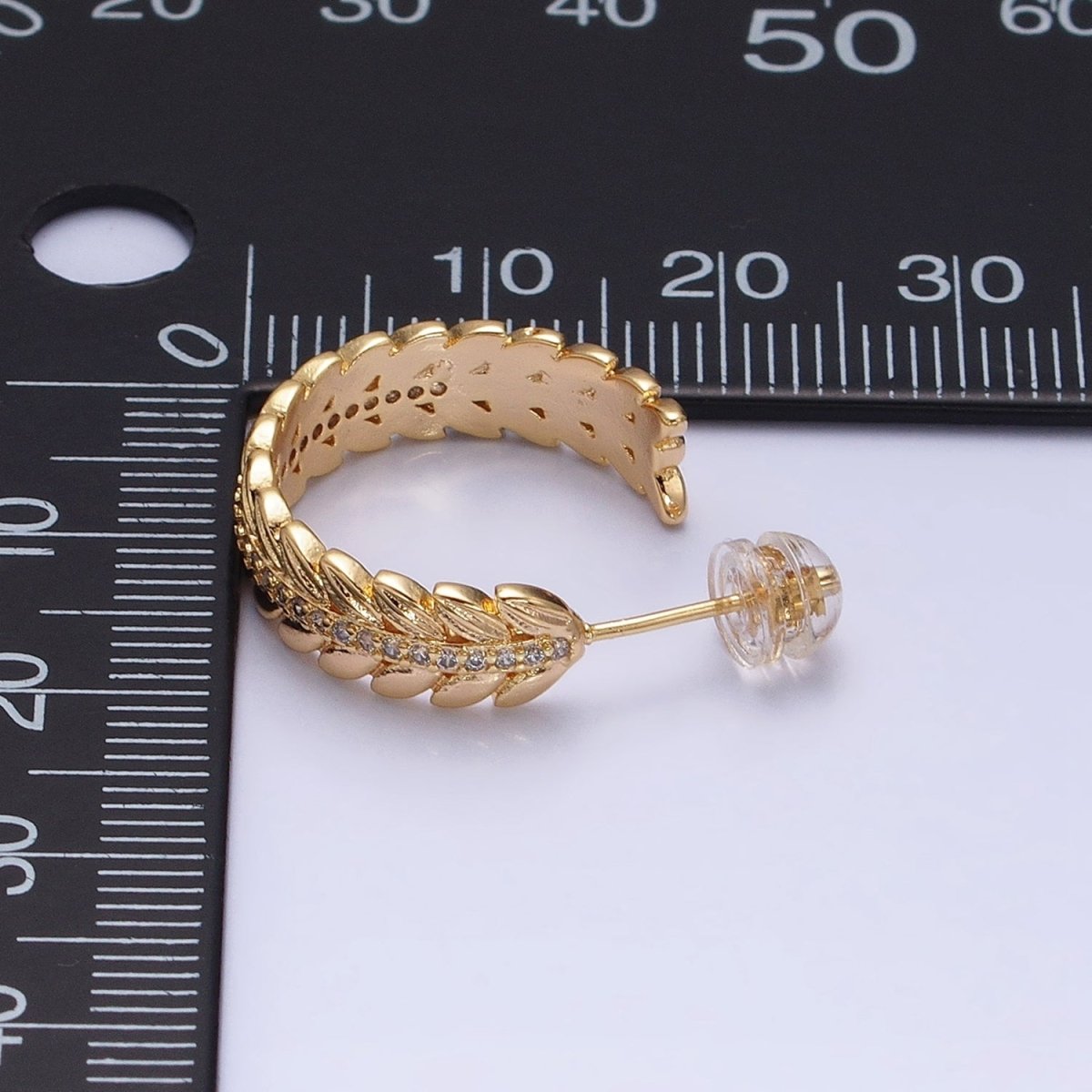 16K Gold Filled 20mm Paddy Wheat Palm Leaf Micro Paved C-Shaped Hoop Earrings in Gold & Silver | AD849 AD850 - DLUXCA