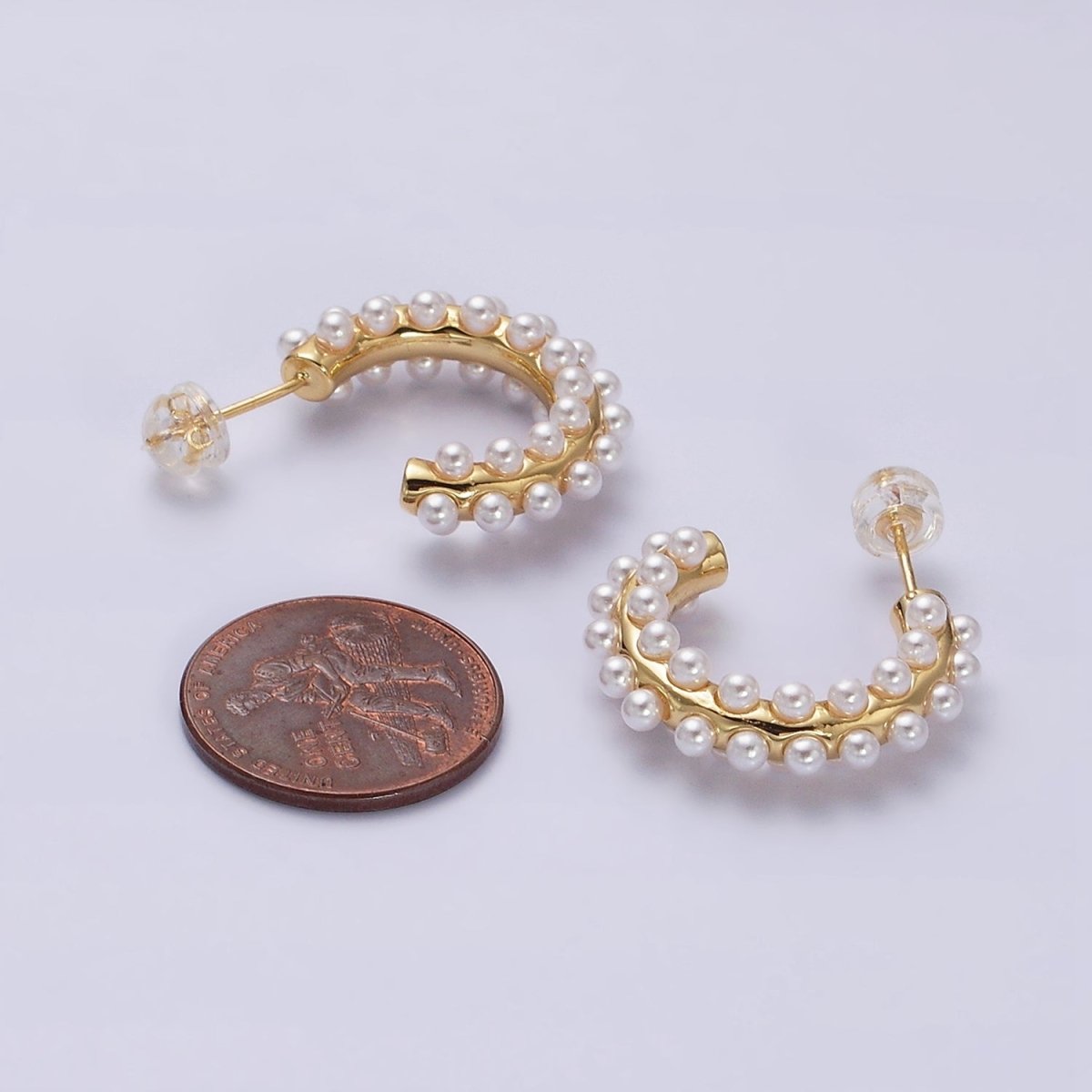 16K Gold Filled 20mm Pearl Lined J-Shaped Hoop Earrings in Gold & Silver | Y-839 Y-840 - DLUXCA