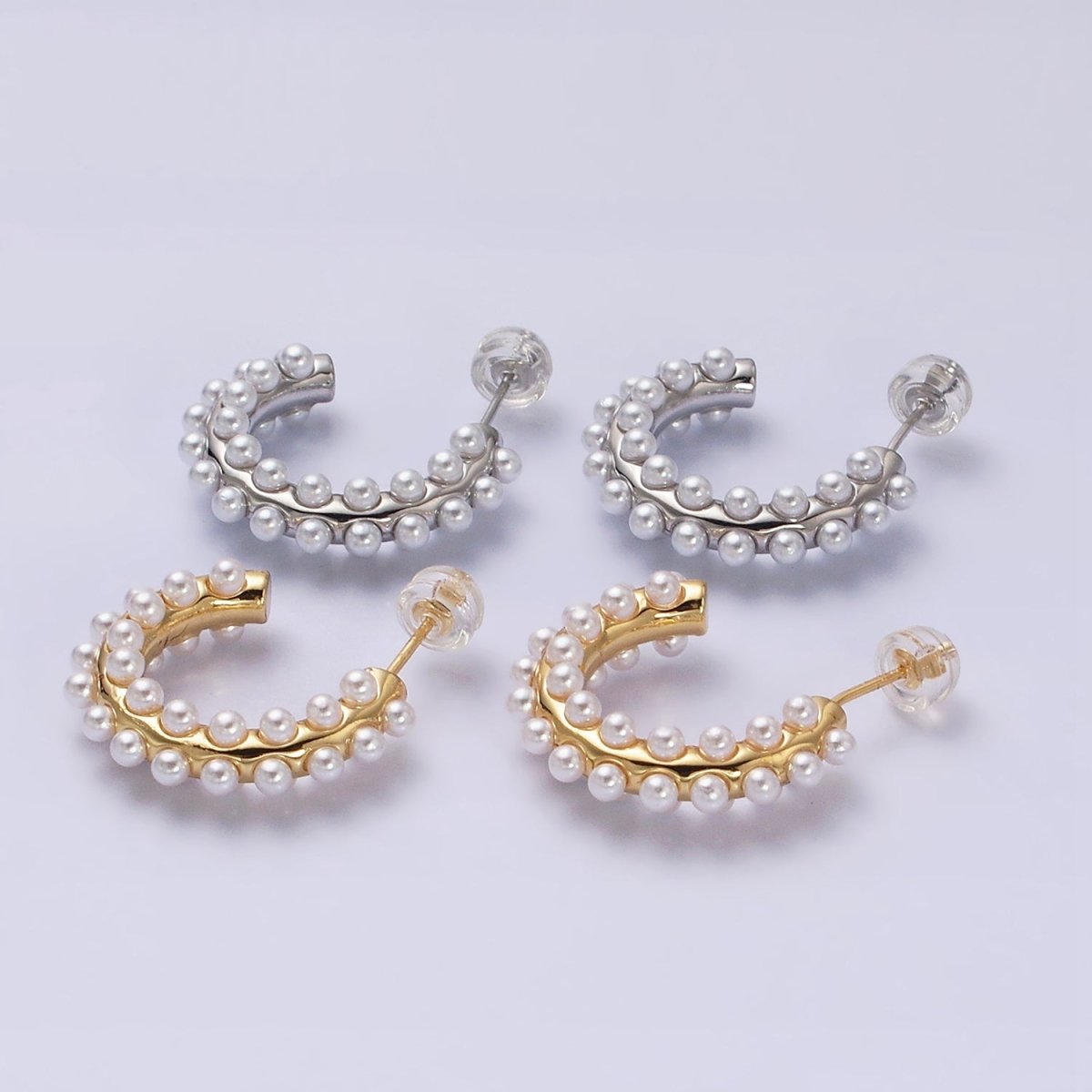 16K Gold Filled 20mm Pearl Lined J-Shaped Hoop Earrings in Gold & Silver | Y-839 Y-840 - DLUXCA