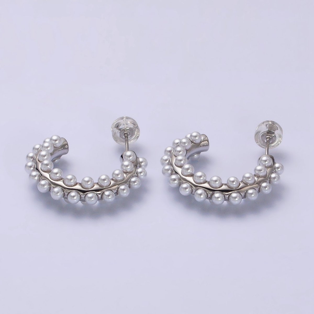 16K Gold Filled 20mm Pearl Lined J-Shaped Hoop Earrings in Gold & Silver | Y-839 Y-840 - DLUXCA