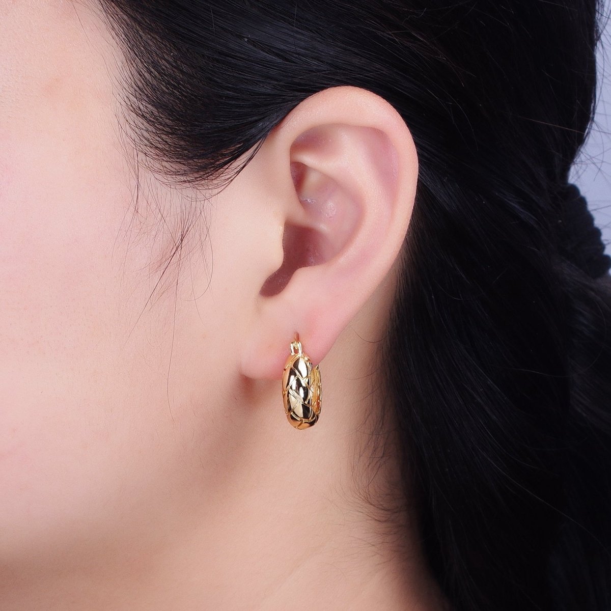 16K Gold Filled 20mm Quilt Textured Latch French Lock Hoop Earrings in Gold & Silver | AD814 AD815 - DLUXCA