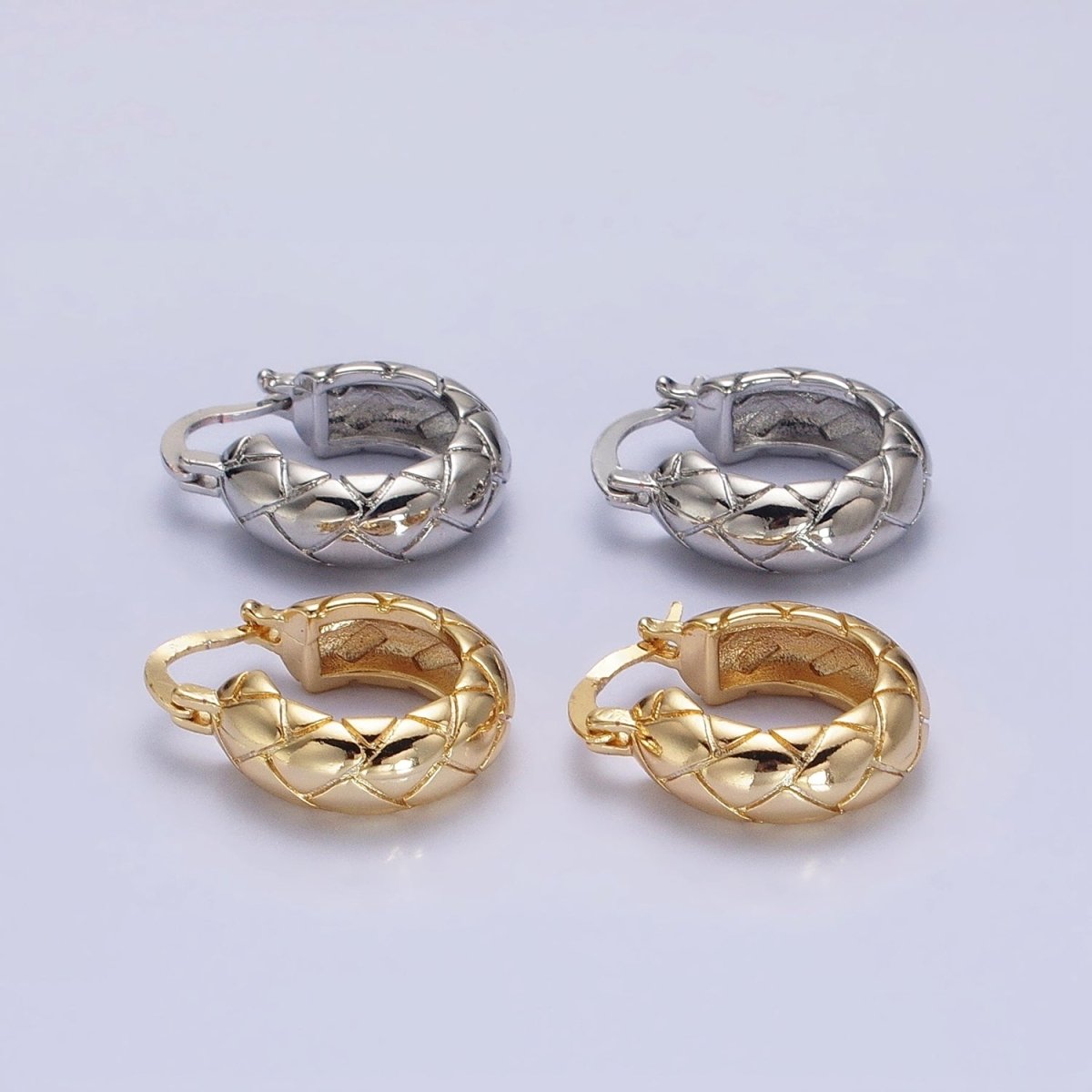 16K Gold Filled 20mm Quilt Textured Latch French Lock Hoop Earrings in Gold & Silver | AD814 AD815 - DLUXCA