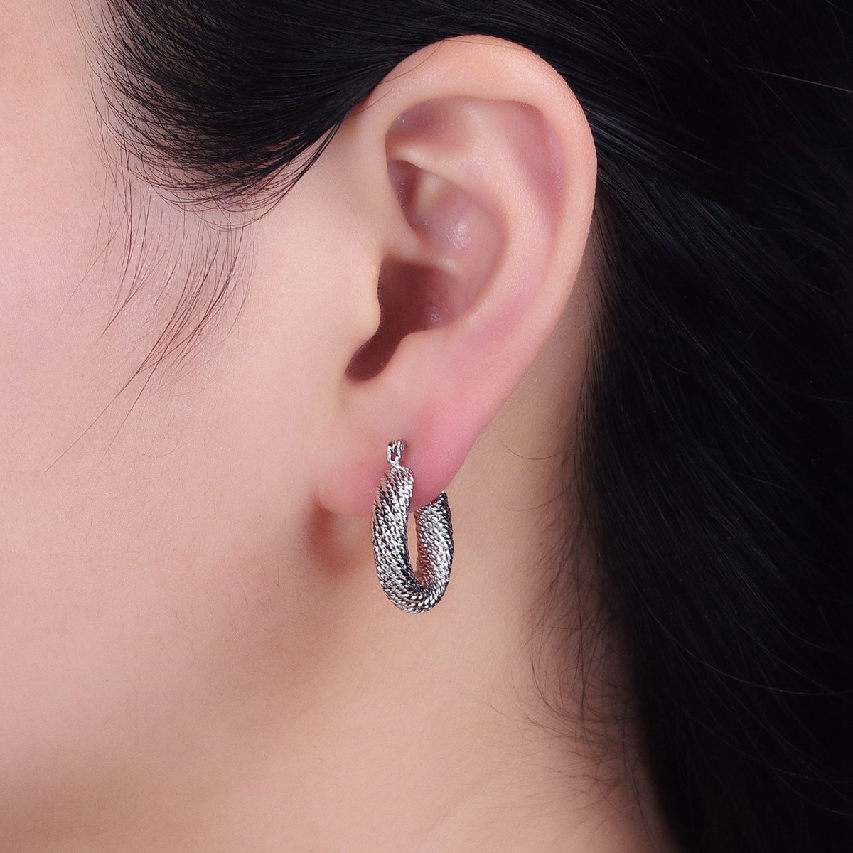 16K Gold Filled 20mm Rope Line Textured Tube Hoop Latch Earrings in Gold & Silver | AD802 AD803 - DLUXCA