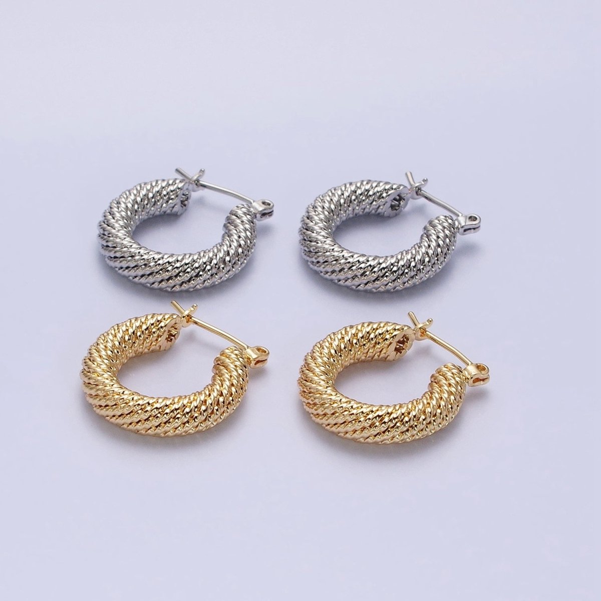 16K Gold Filled 20mm Rope Line Textured Tube Hoop Latch Earrings in Gold & Silver | AD802 AD803 - DLUXCA