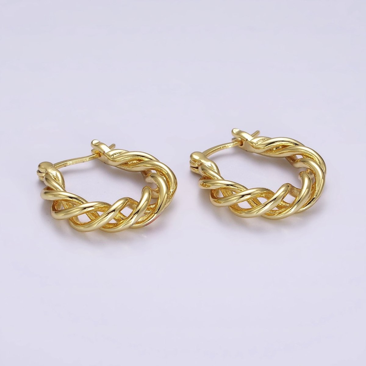 16K Gold Filled 20mm Twisted Earring Statement Rope French Lock Latch Hoop Earrings | AE632 - DLUXCA