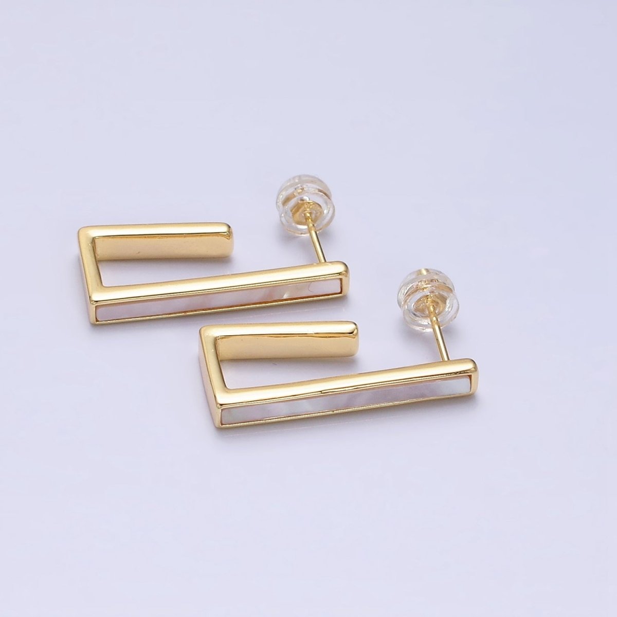 16K Gold Filled 24.5mm Shell Pearl Lined Boxy J-Shaped Hoop Earrings in Gold & Silver | Y801 Y802 - DLUXCA