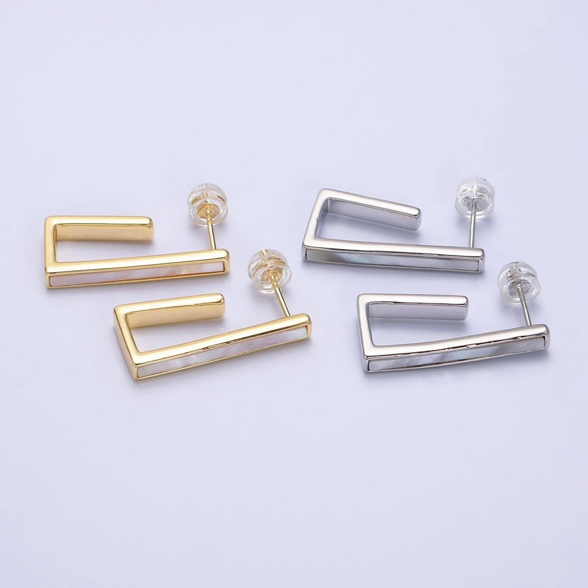 16K Gold Filled 24.5mm Shell Pearl Lined Boxy J-Shaped Hoop Earrings in Gold & Silver | Y801 Y802 - DLUXCA