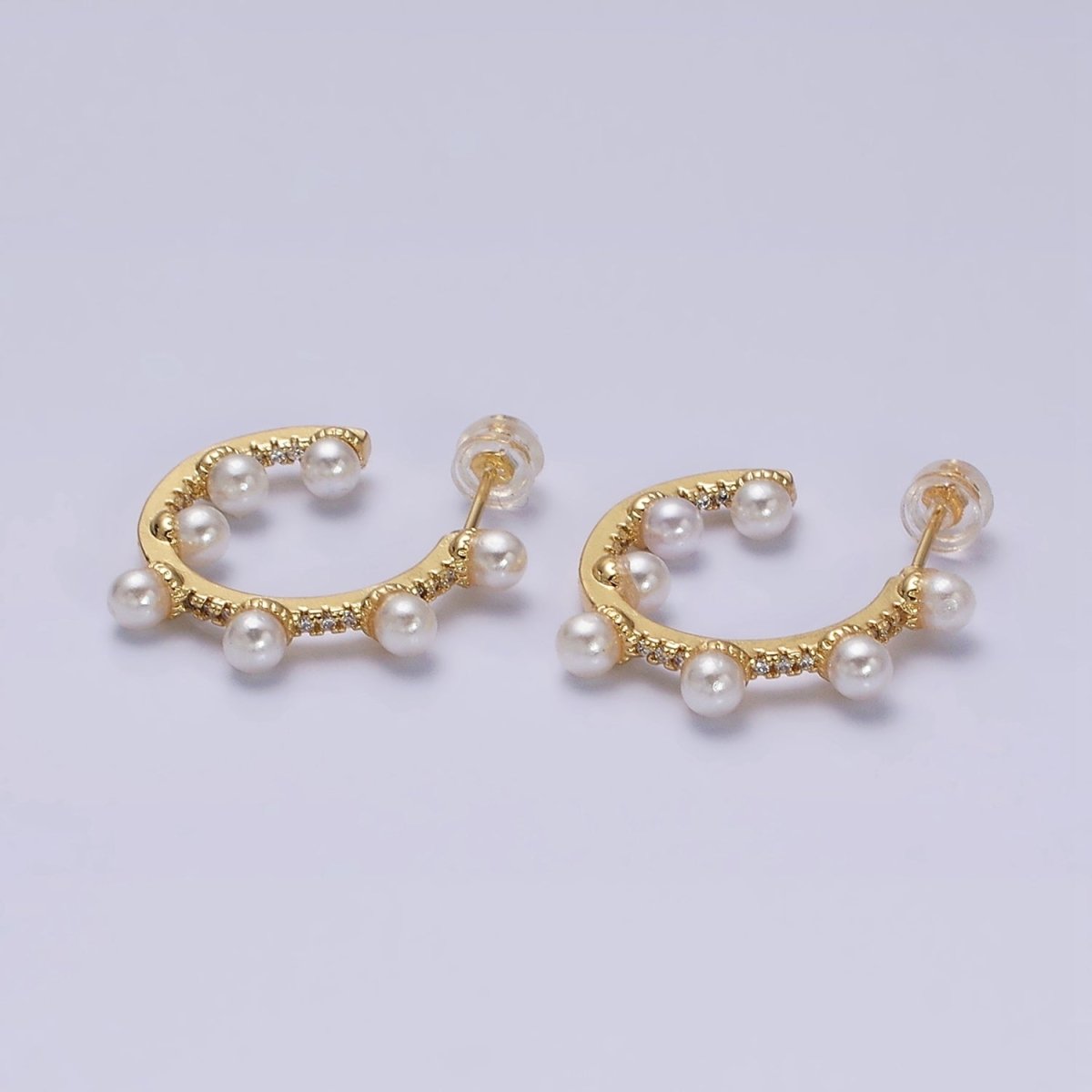 16K Gold Filled 25mm C-Shaped Dotted Pearl Lined Micro Paved CZ Hoop Earrings in Gold & Silver | AD1171 AD1172 - DLUXCA