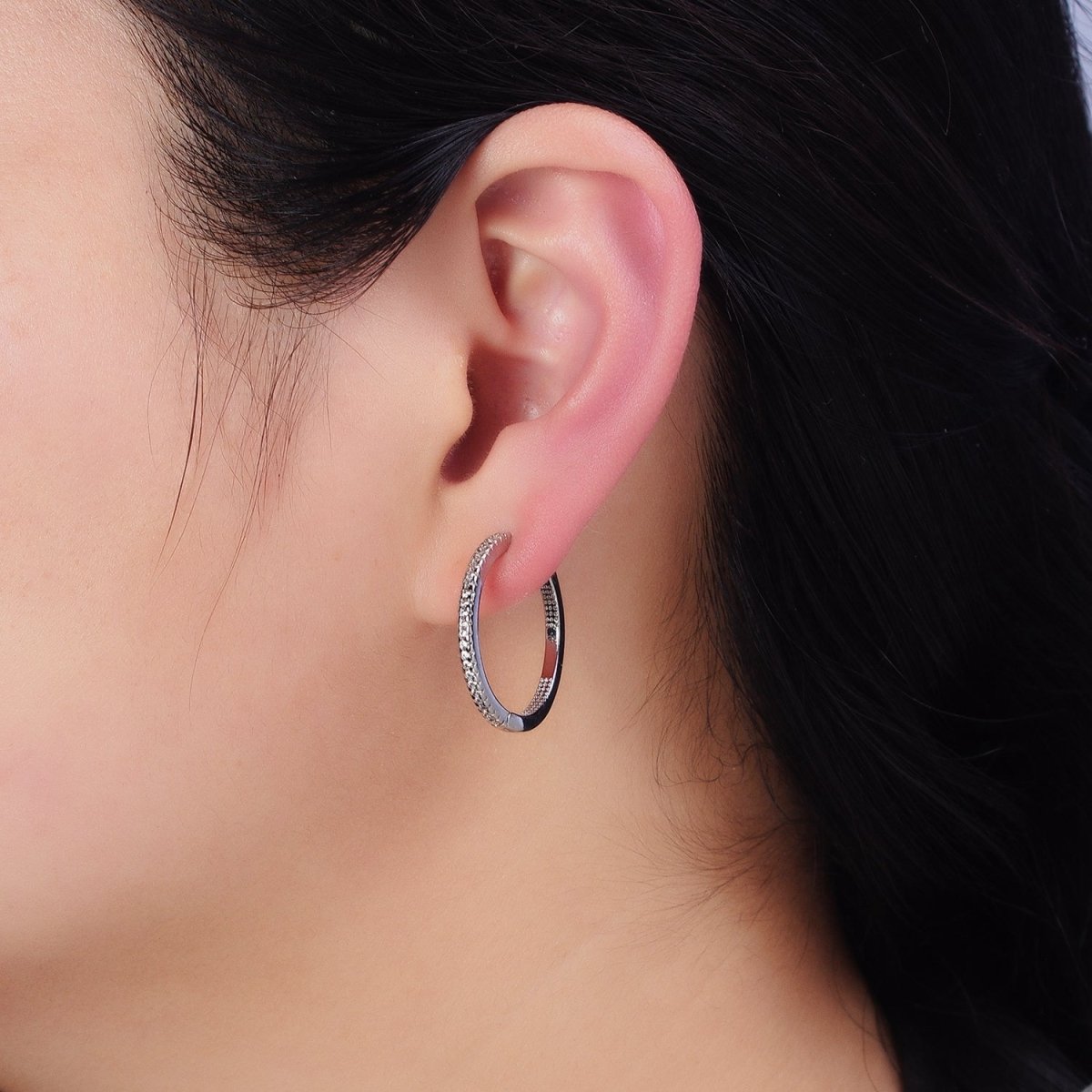 16K Gold Filled 25mm Clear Micro Paved Dotted Front-Facing Endless Hoop Earrings in Gold & Silver | AD1289 AD1290 - DLUXCA