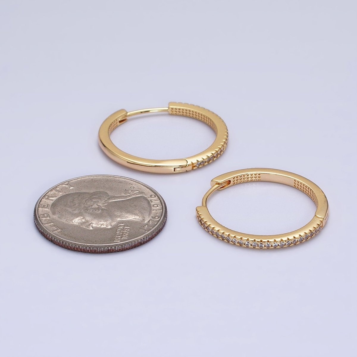 16K Gold Filled 25mm Clear Micro Paved Dotted Front-Facing Endless Hoop Earrings in Gold & Silver | AD1289 AD1290 - DLUXCA