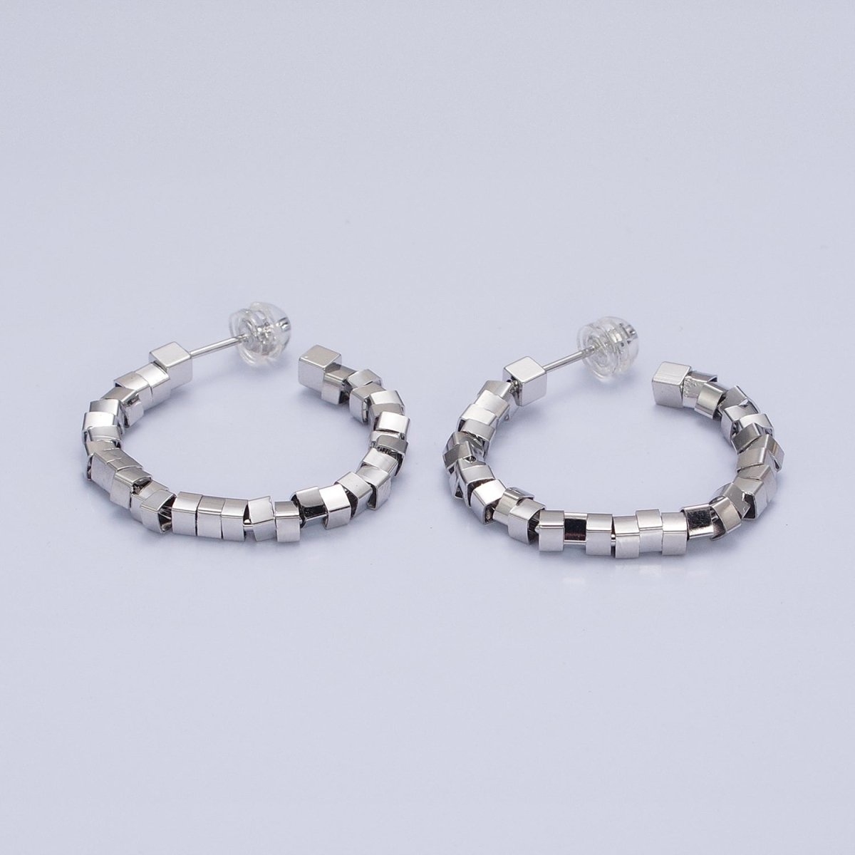 16K Gold Filled 25mm Cube Bead C-Shaped Hoop Earrings in Gold & Silver | AE027 AE028 - DLUXCA
