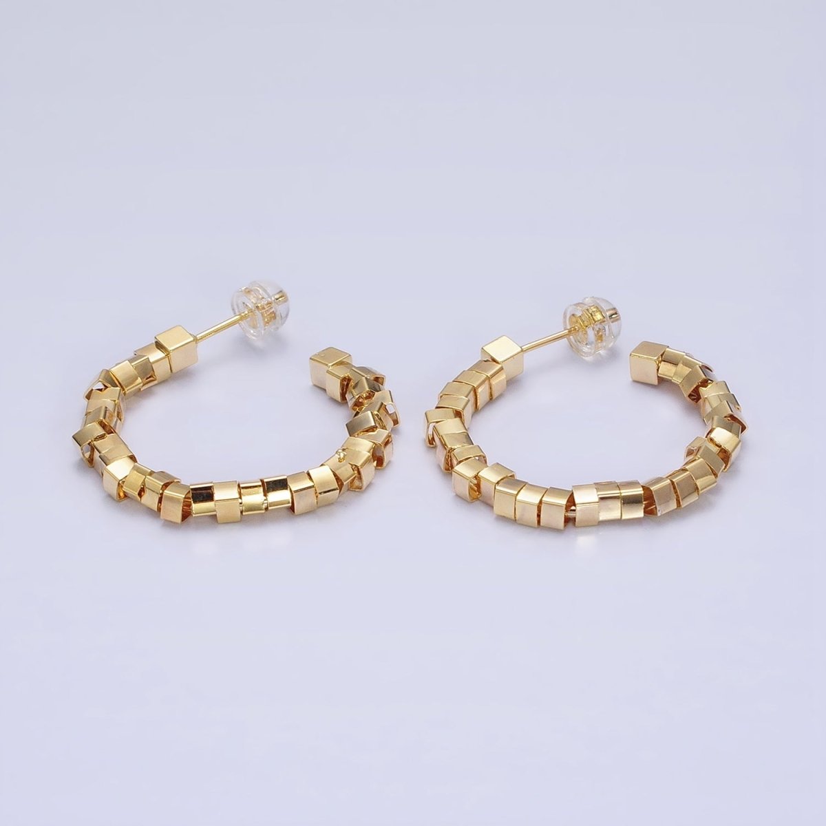 16K Gold Filled 25mm Cube Bead C-Shaped Hoop Earrings in Gold & Silver | AE027 AE028 - DLUXCA
