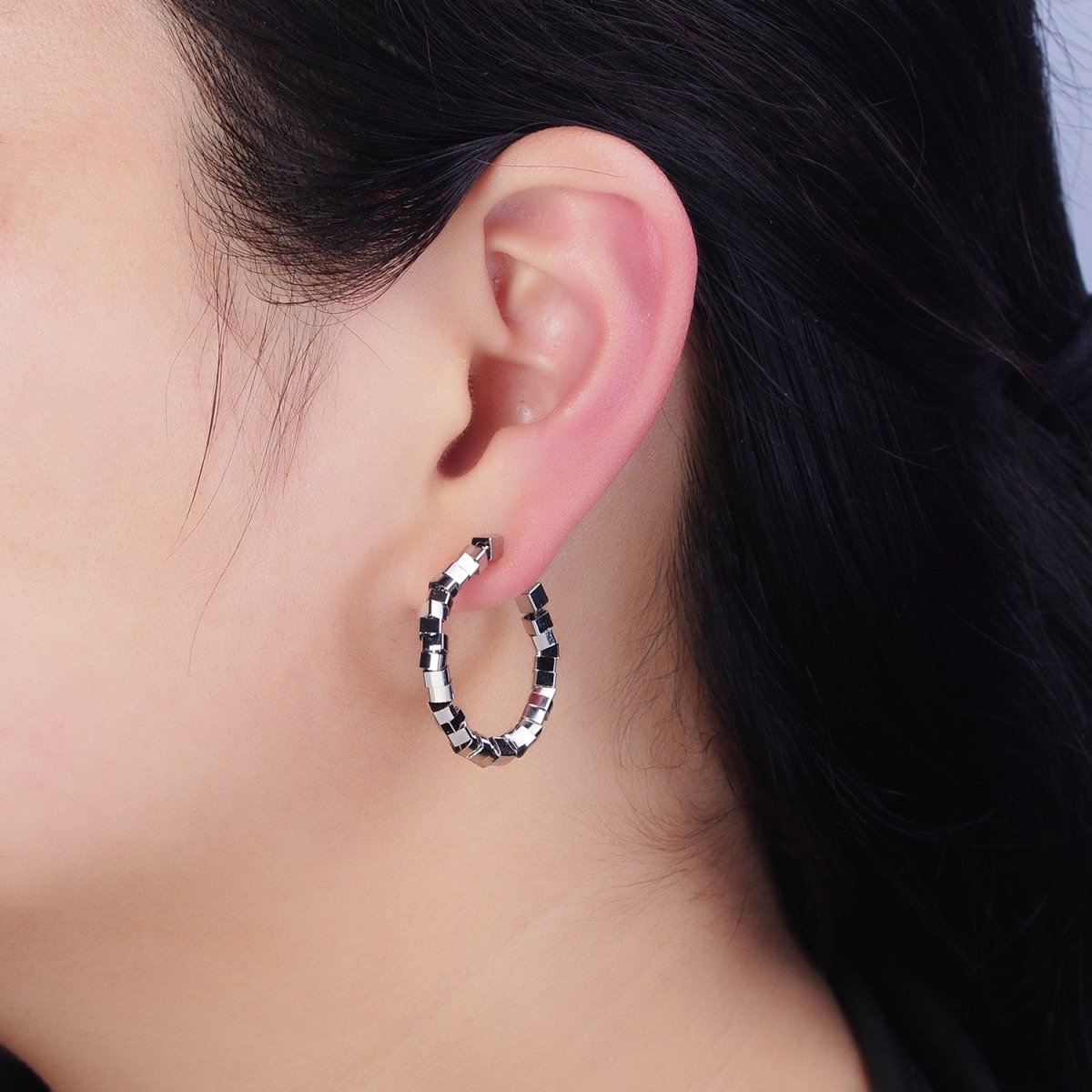 16K Gold Filled 25mm Cube Bead C-Shaped Hoop Earrings in Gold & Silver | AE027 AE028 - DLUXCA