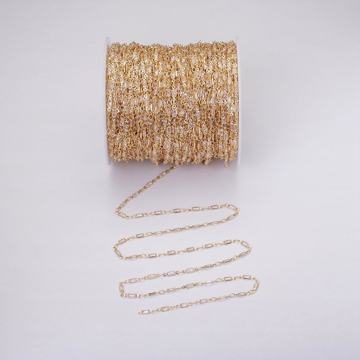 16K Gold Filled 2.5mm CZ Clear Baguette Cable Link Designed Unfinished Chain in Gold & Silver | ROLL-1340 ROLL-1375 Clearance Pricing - DLUXCA