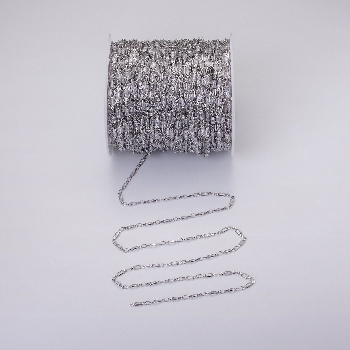 16K Gold Filled 2.5mm CZ Clear Baguette Cable Link Designed Unfinished Chain in Gold & Silver | ROLL-1340 ROLL-1375 Clearance Pricing - DLUXCA